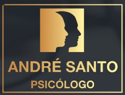 Logotipo em fundo grafite com letras douradas com o nome André Santo - Psicólogo - imagem com duas faces em dourado e grafite